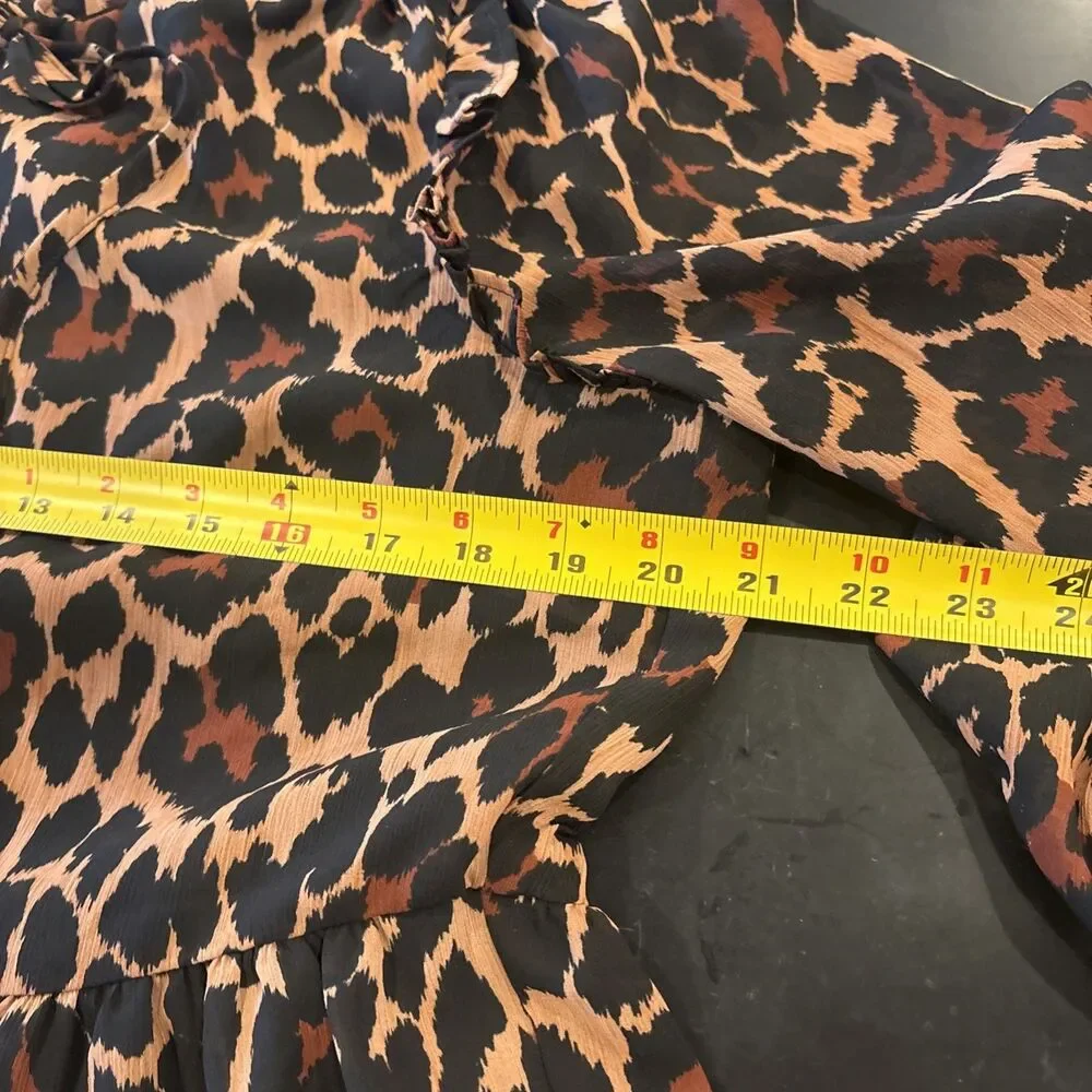 J Crew Leopard Print Dress tie neck tiered in crinkle chiffon pullover Sz Medium